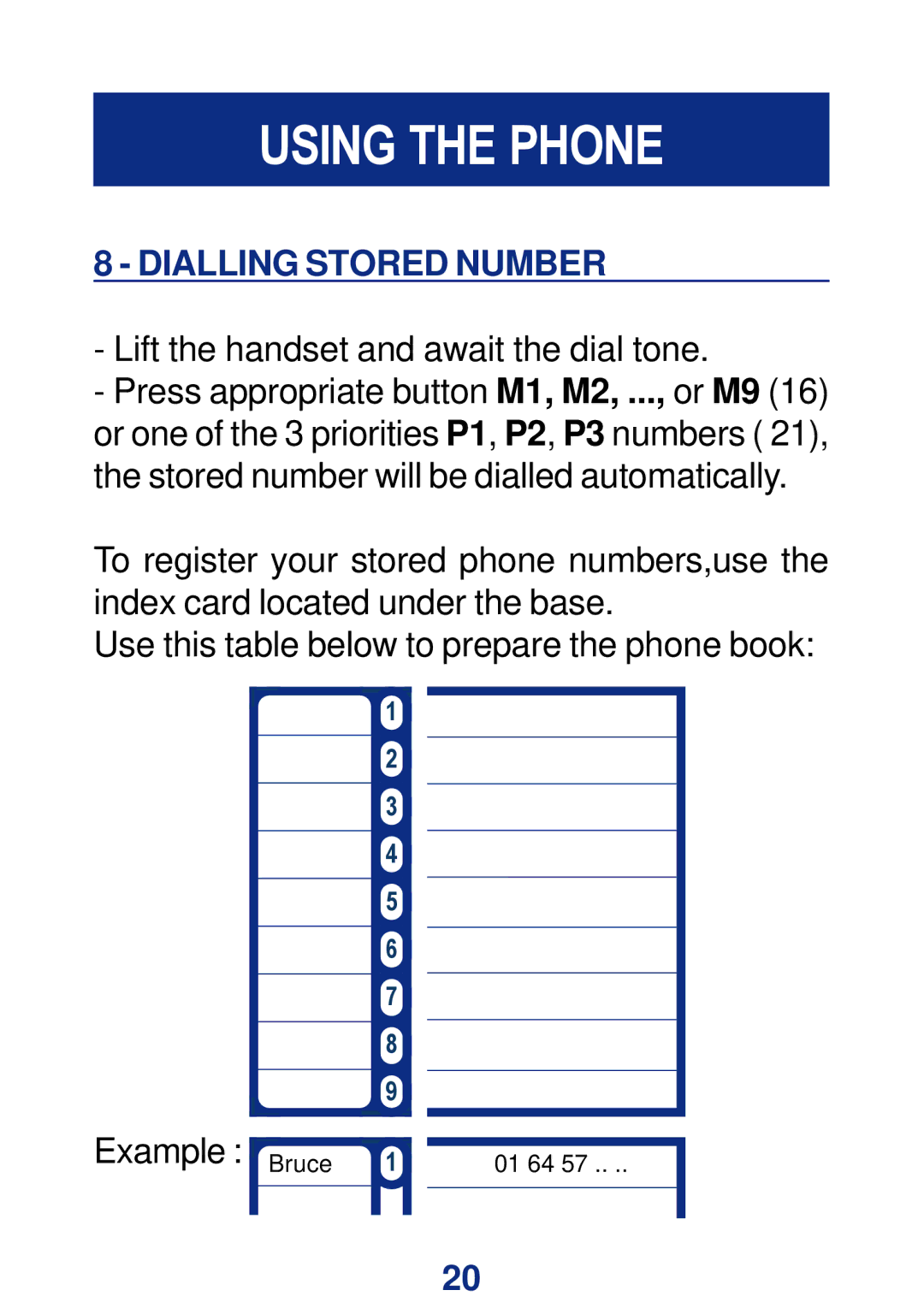 Geemarc CL200+ manual Dialling Stored Number, Lift the handset and await the dial tone 