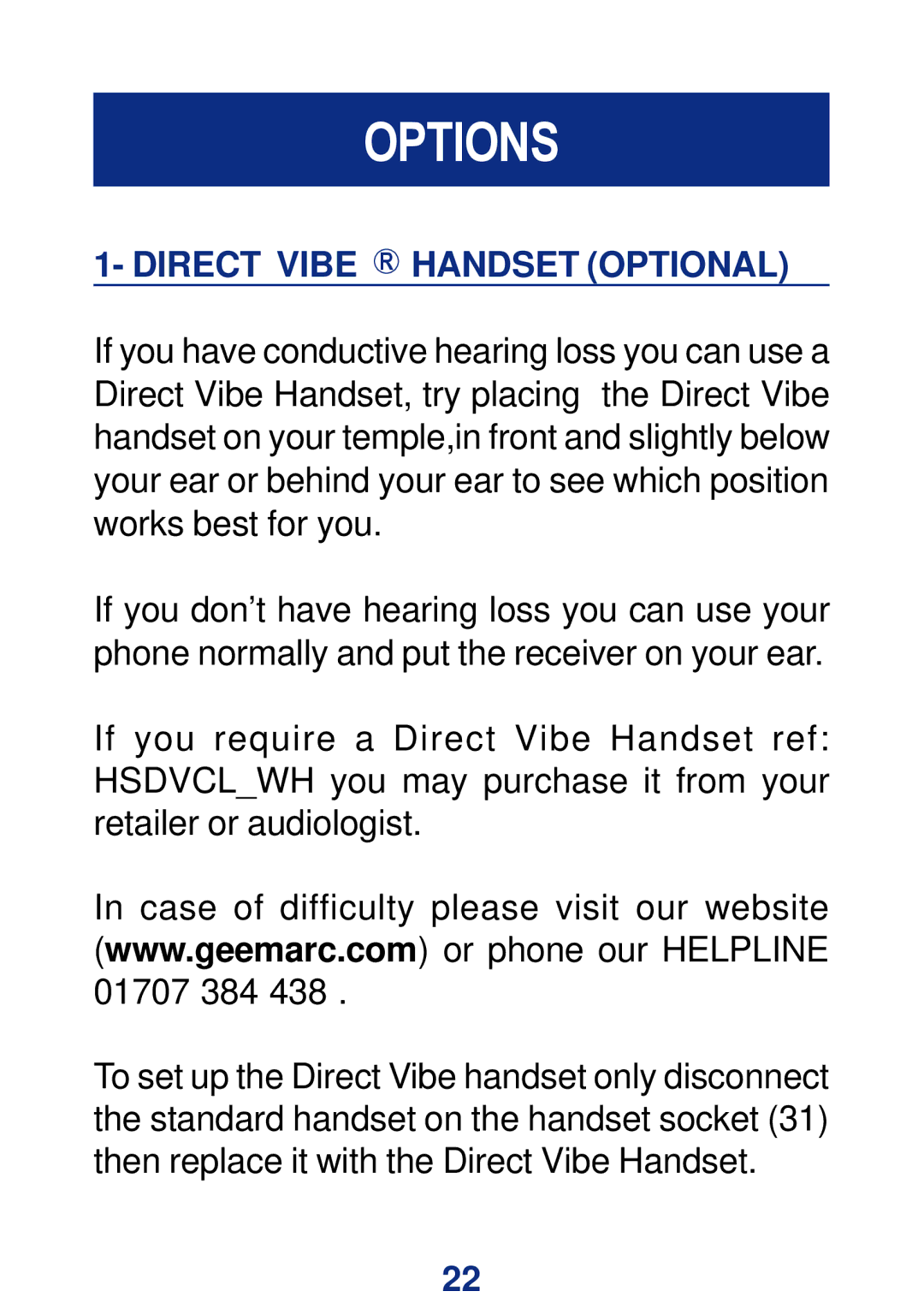 Geemarc CL200+ manual Options, Direct Vibe R Handset Optional 