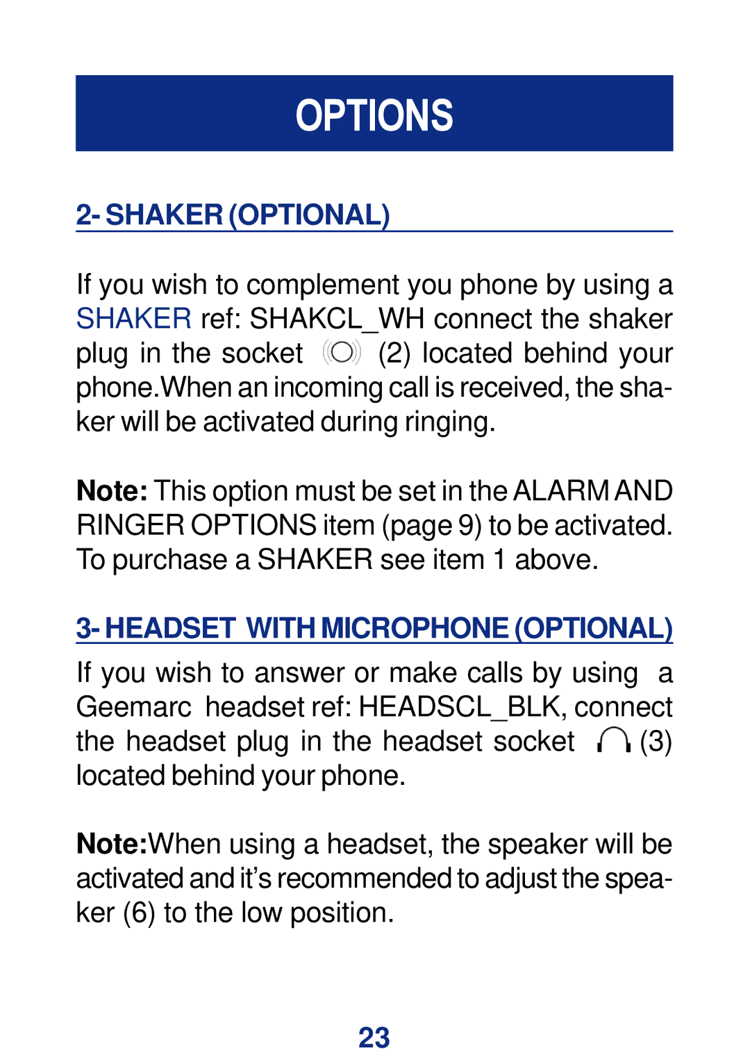 Geemarc CL200+ manual Shaker Optional, Headset with Microphone Optional 