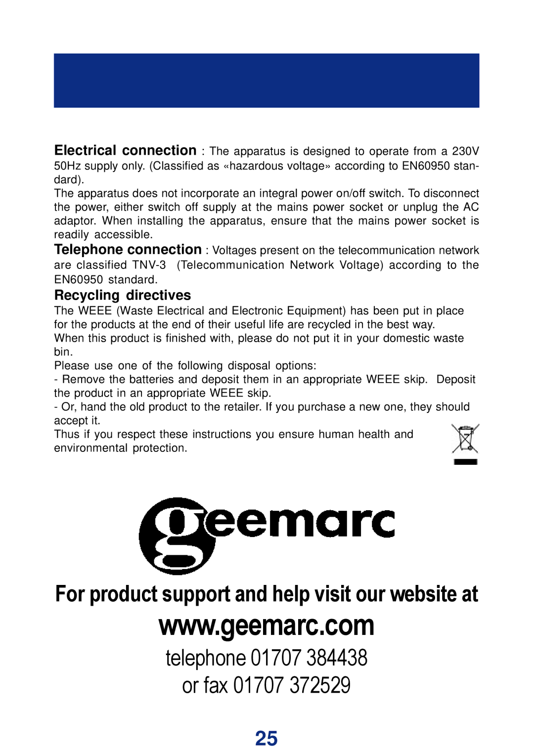 Geemarc CL200+ manual Recycling directives 