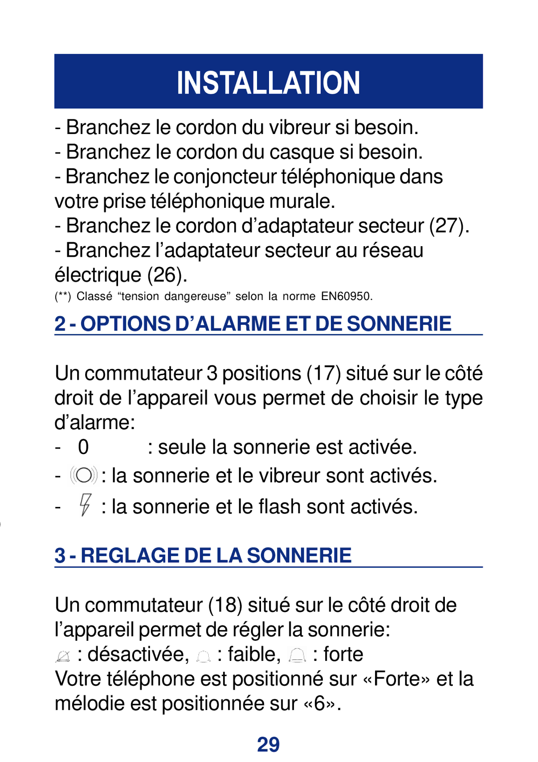 Geemarc CL200+ manual Options D’ALARME ET DE Sonnerie, Reglage DE LA Sonnerie 