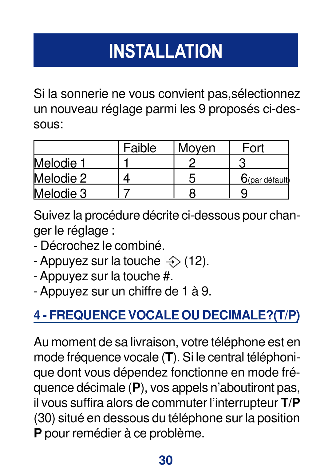 Geemarc CL200+ manual Frequence Vocale OU DECIMALE?T/P 