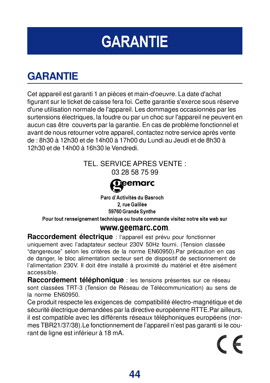 Geemarc CL200+ manual Garantie 