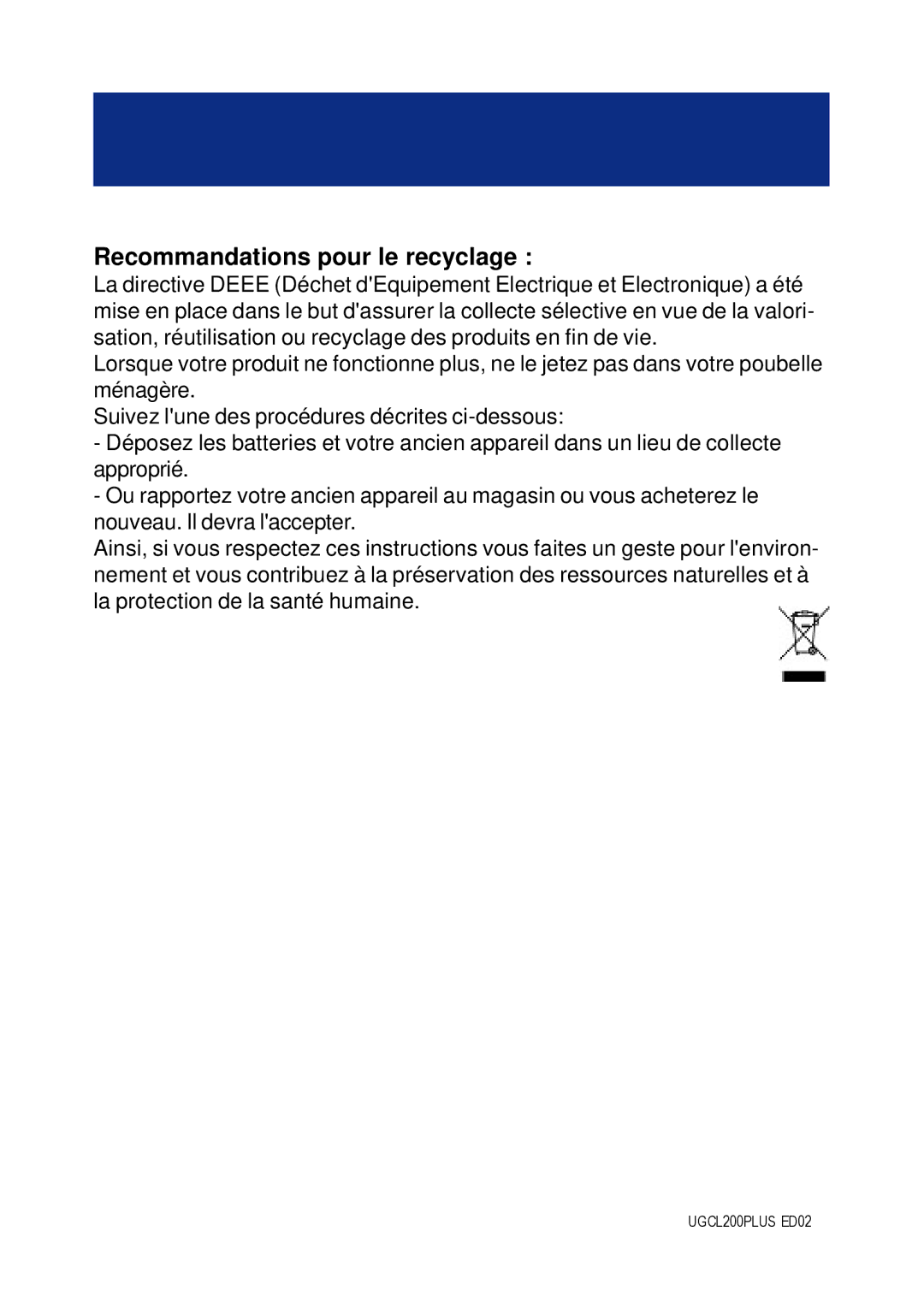 Geemarc CL200+ manual Recommandations pour le recyclage 