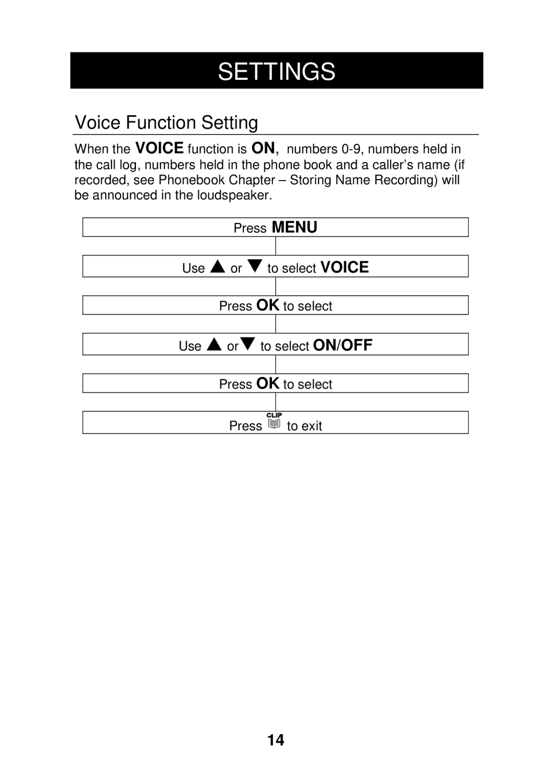 Geemarc CL320 manual Voice Function Setting 