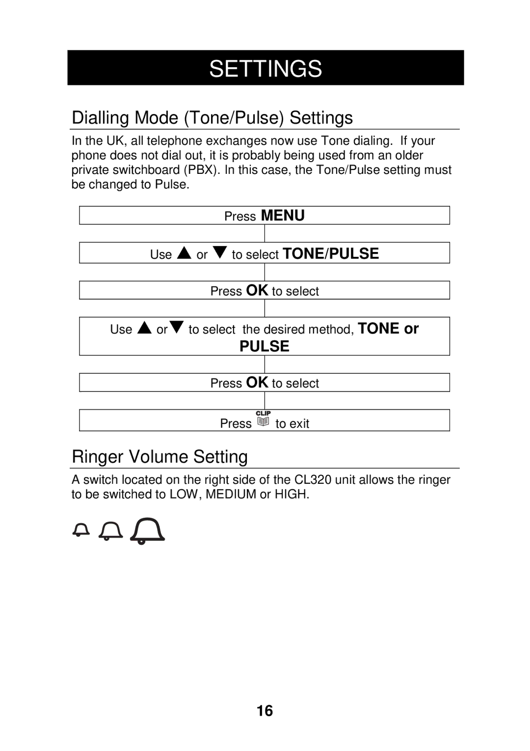 Geemarc CL320 manual Dialling Mode Tone/Pulse Settings, Ringer Volume Setting 