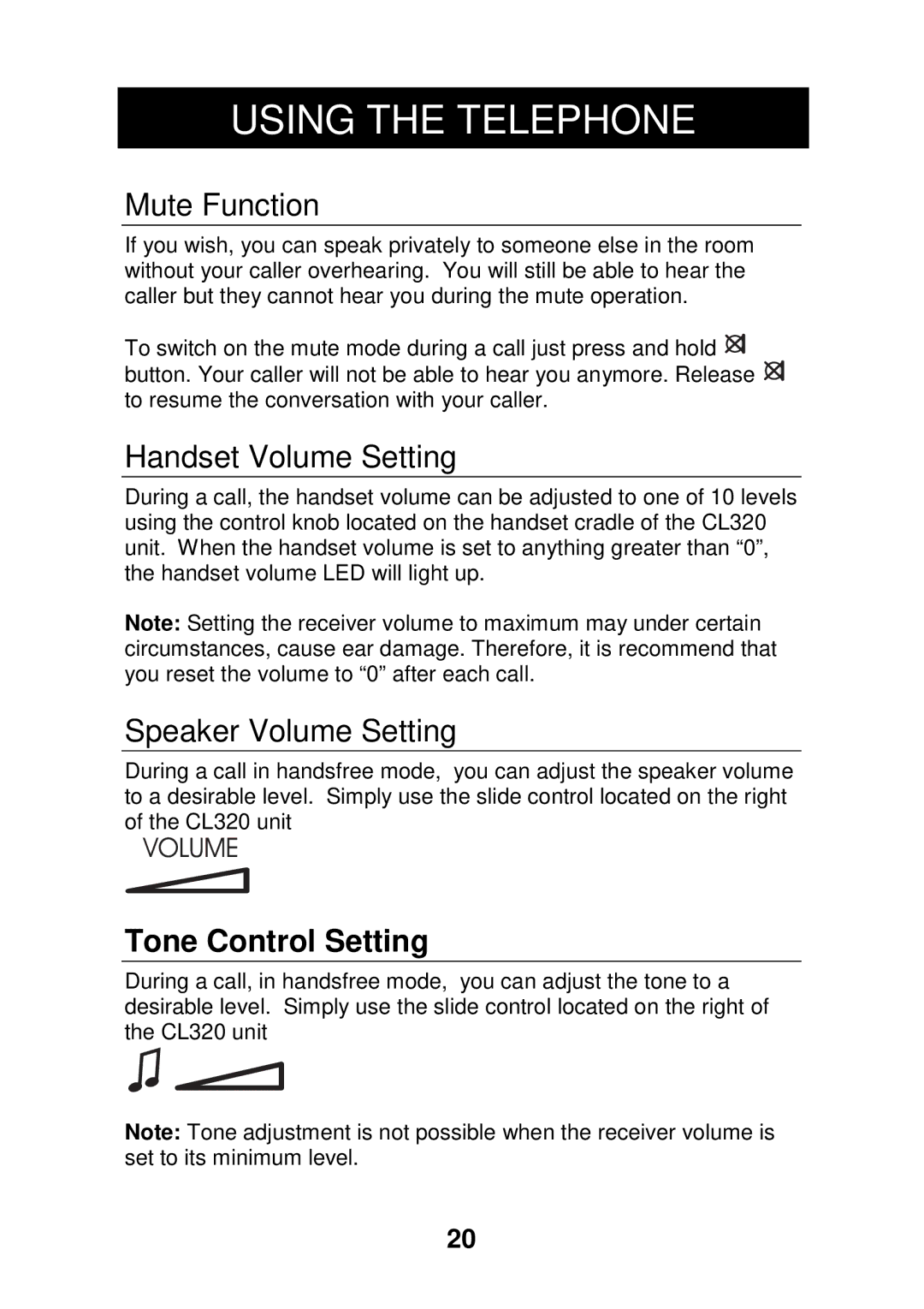 Geemarc CL320 manual Mute Function, Handset Volume Setting, Speaker Volume Setting 