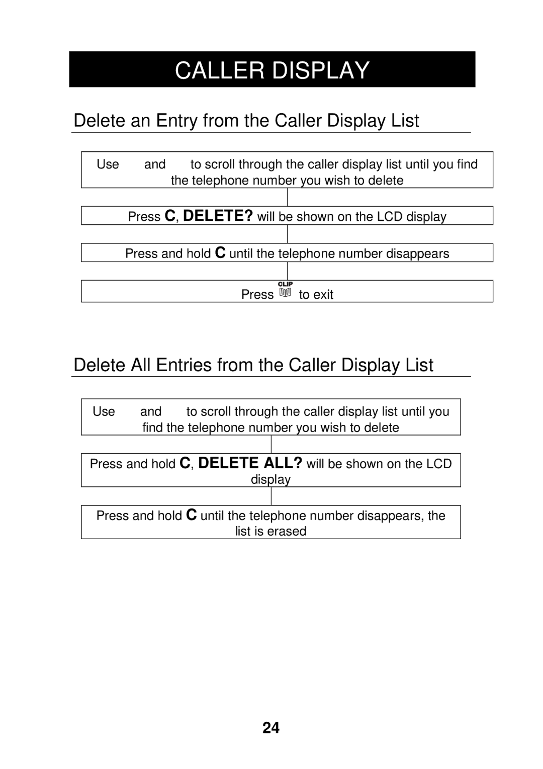 Geemarc CL320 manual Delete an Entry from the Caller Display List, Delete All Entries from the Caller Display List 