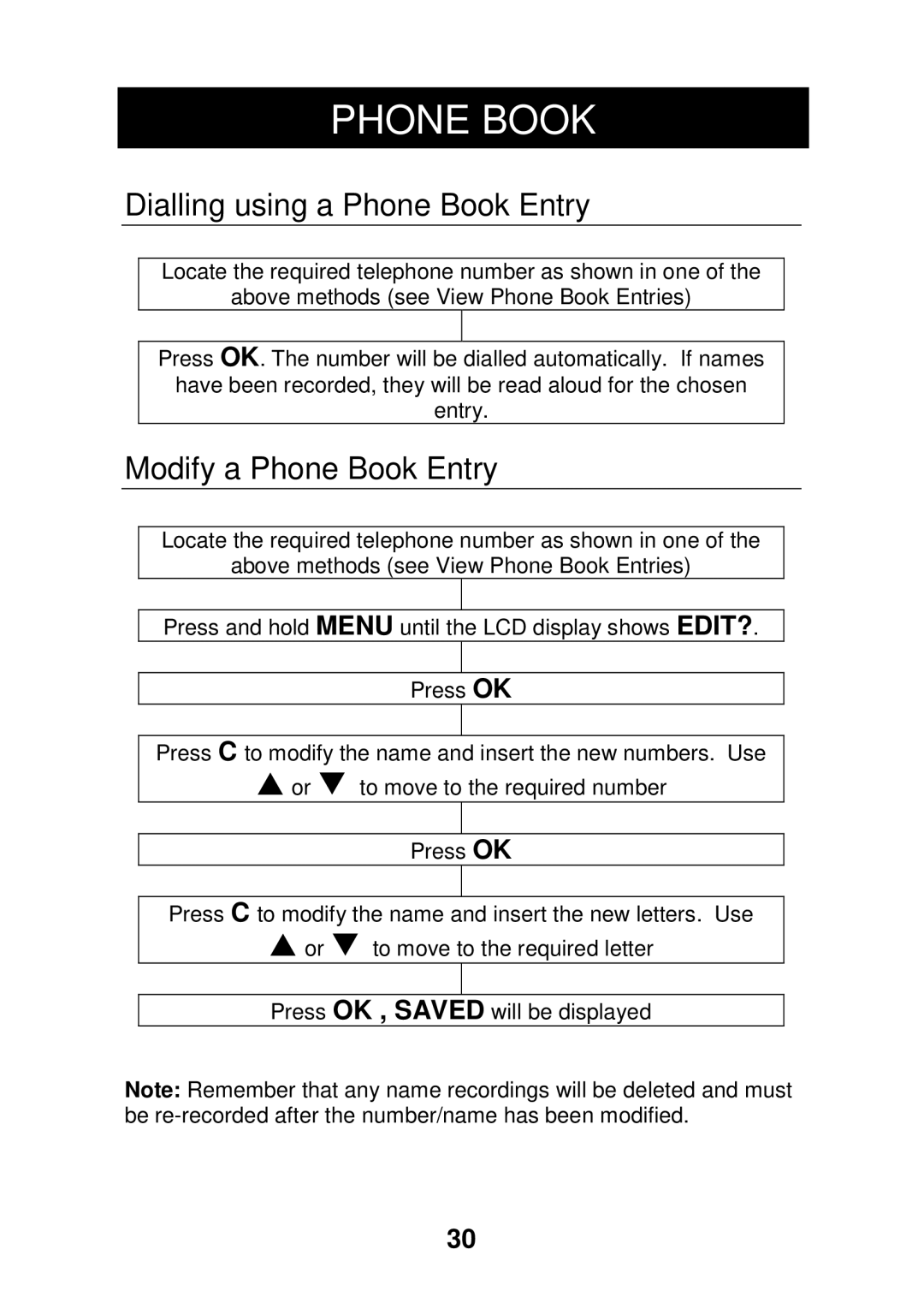 Geemarc CL320 manual Dialling using a Phone Book Entry, Modify a Phone Book Entry 