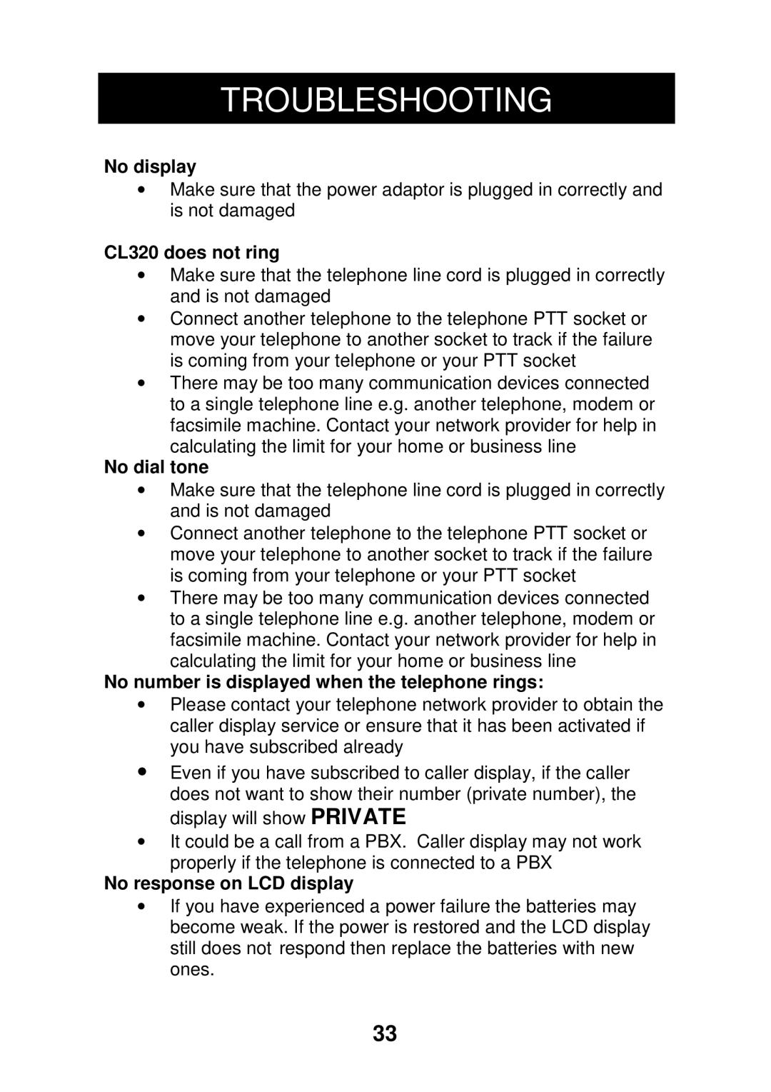 Geemarc manual Troubleshooting, CL320 does not ring 