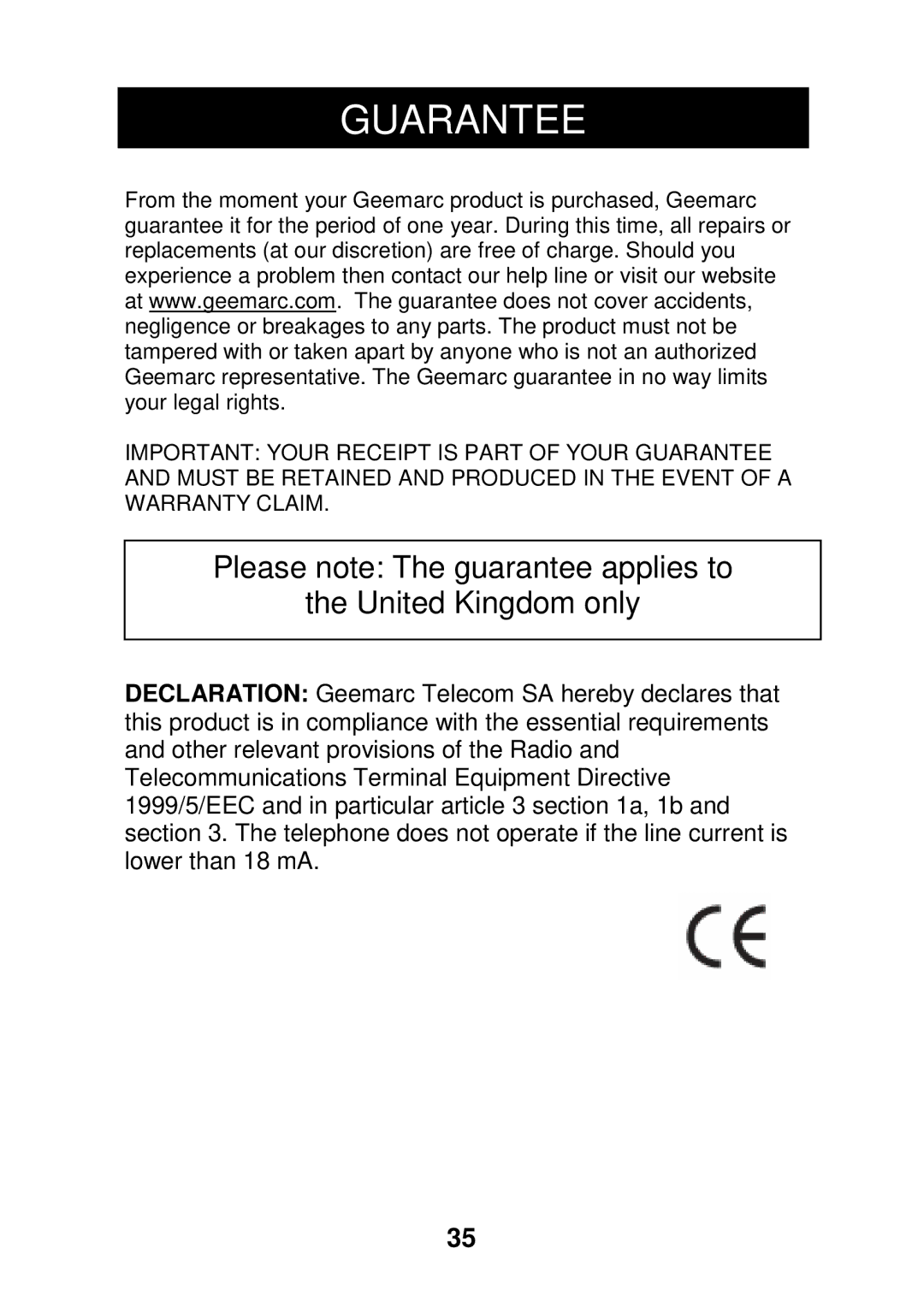 Geemarc CL320 manual Guarantee, Please note The guarantee applies to United Kingdom only 