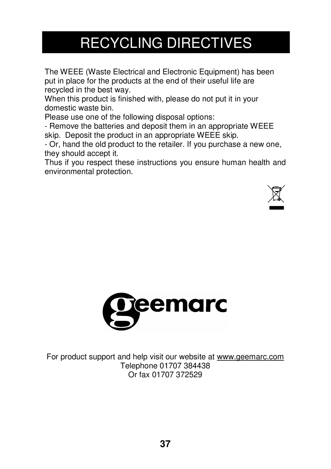 Geemarc CL320 manual Recycling Directives 