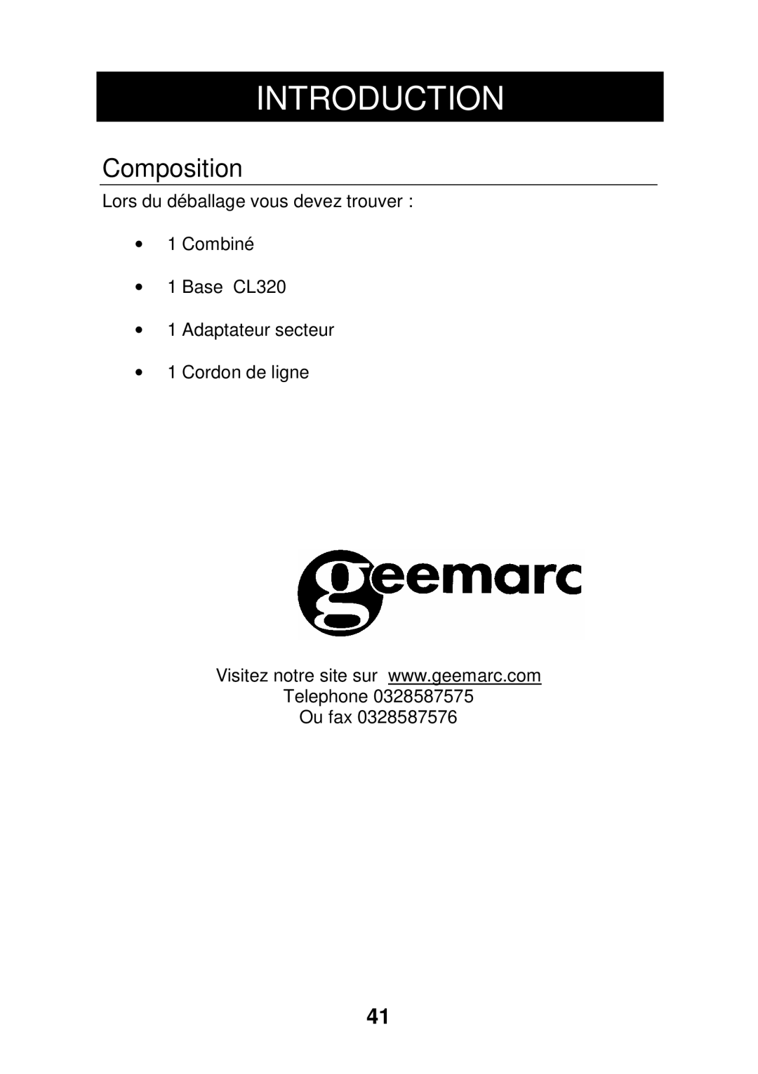 Geemarc CL320 manual Composition 