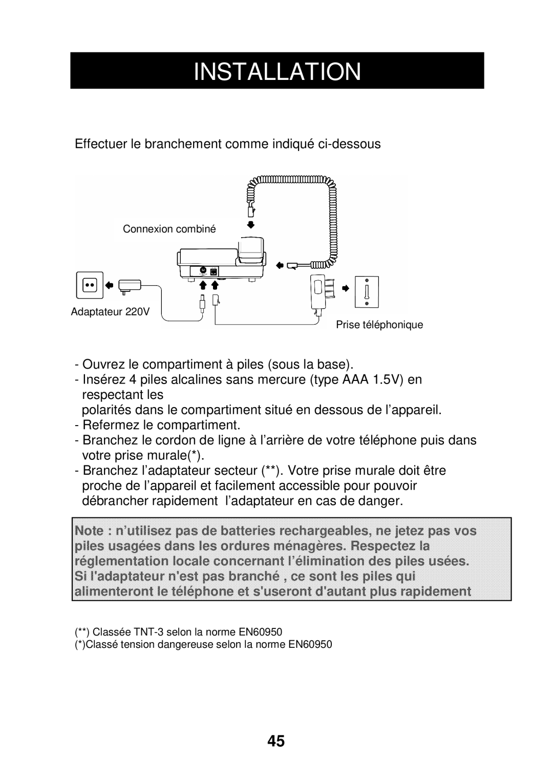 Geemarc CL320 manual Effectuer le branchement comme indiqué ci-dessous 