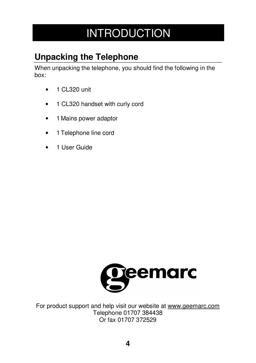 Geemarc CL320 manual Unpacking the Telephone 