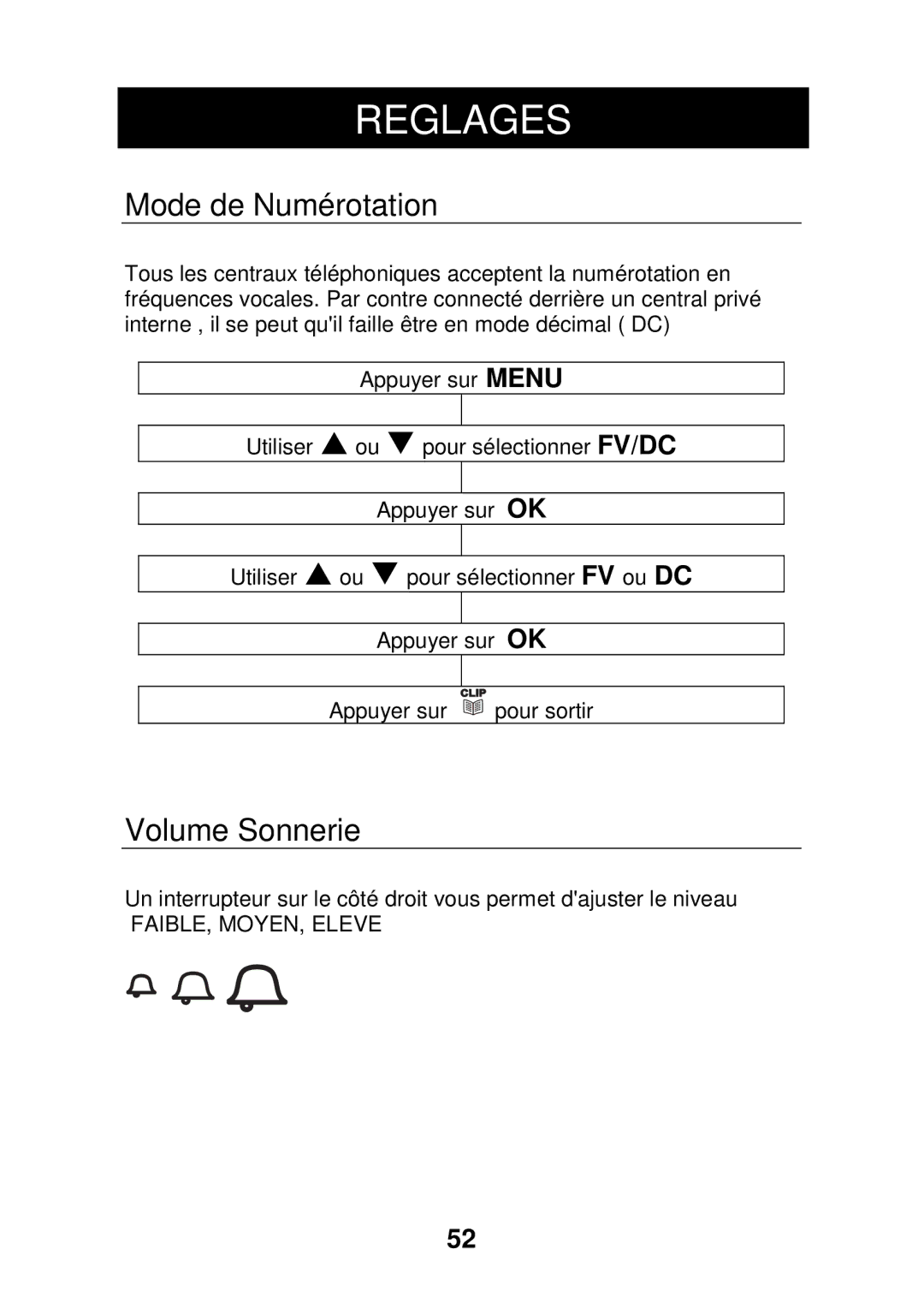 Geemarc CL320 manual Mode de Numérotation, Volume Sonnerie 