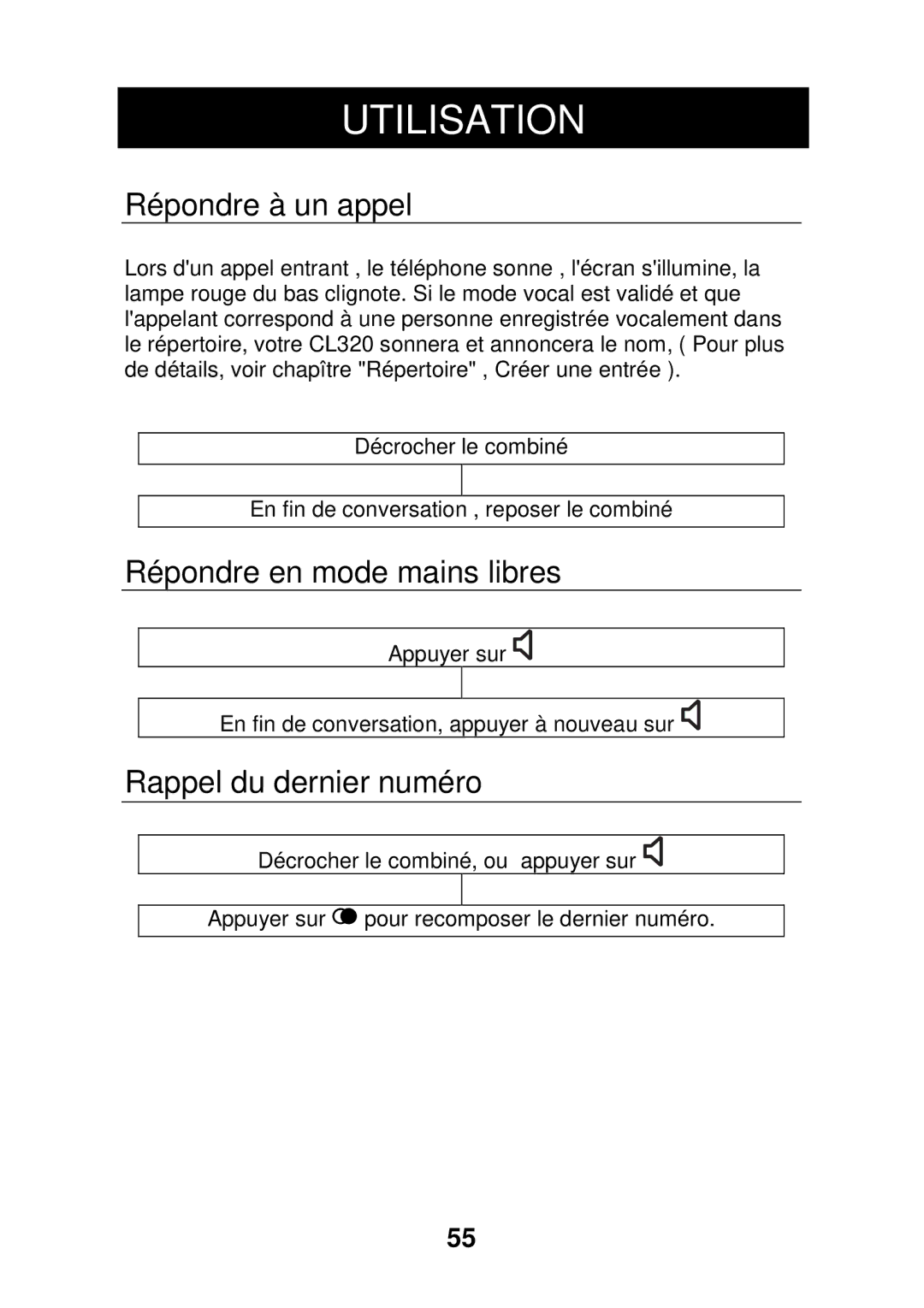 Geemarc CL320 manual Répondre à un appel, Répondre en mode mains libres, Rappel du dernier numéro 
