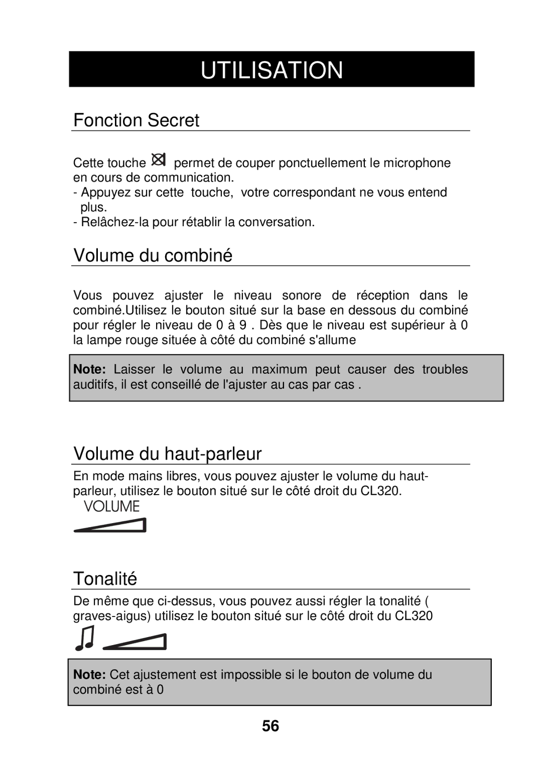 Geemarc CL320 manual Fonction Secret, Volume du combiné, Volume du haut-parleur, Tonalité 