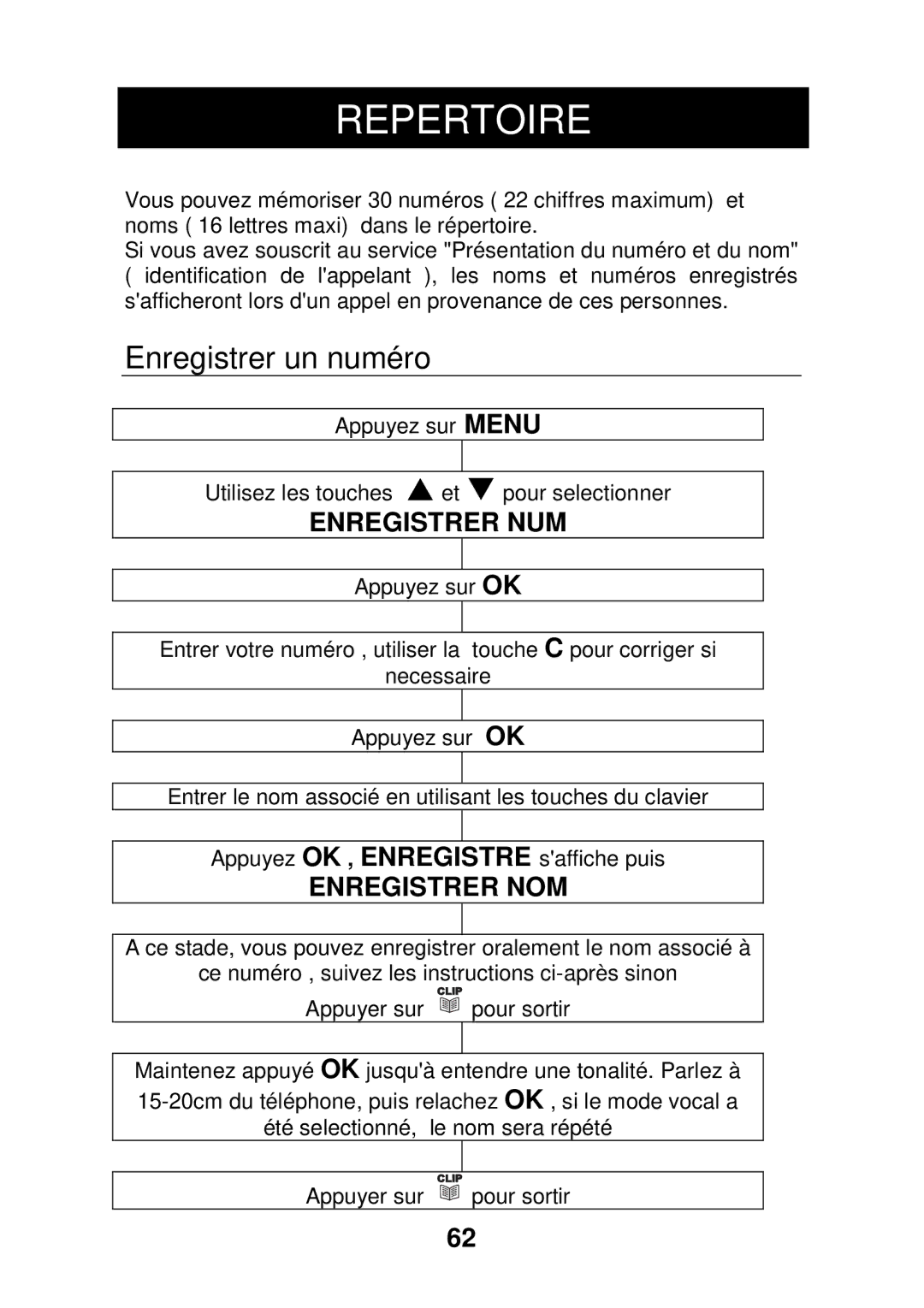 Geemarc CL320 manual Repertoire, Enregistrer un numéro 