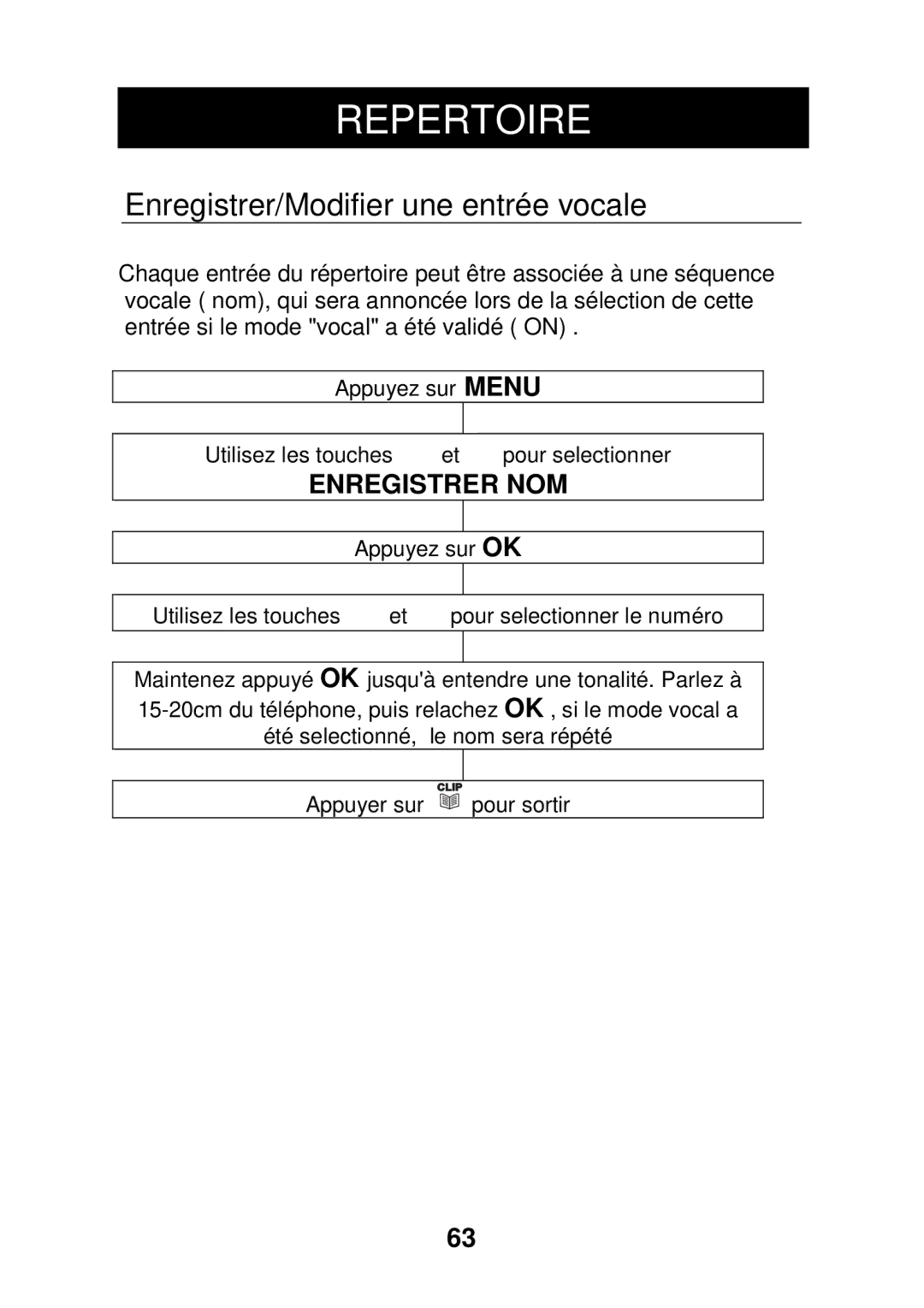 Geemarc CL320 manual Enregistrer/Modifier une entrée vocale 