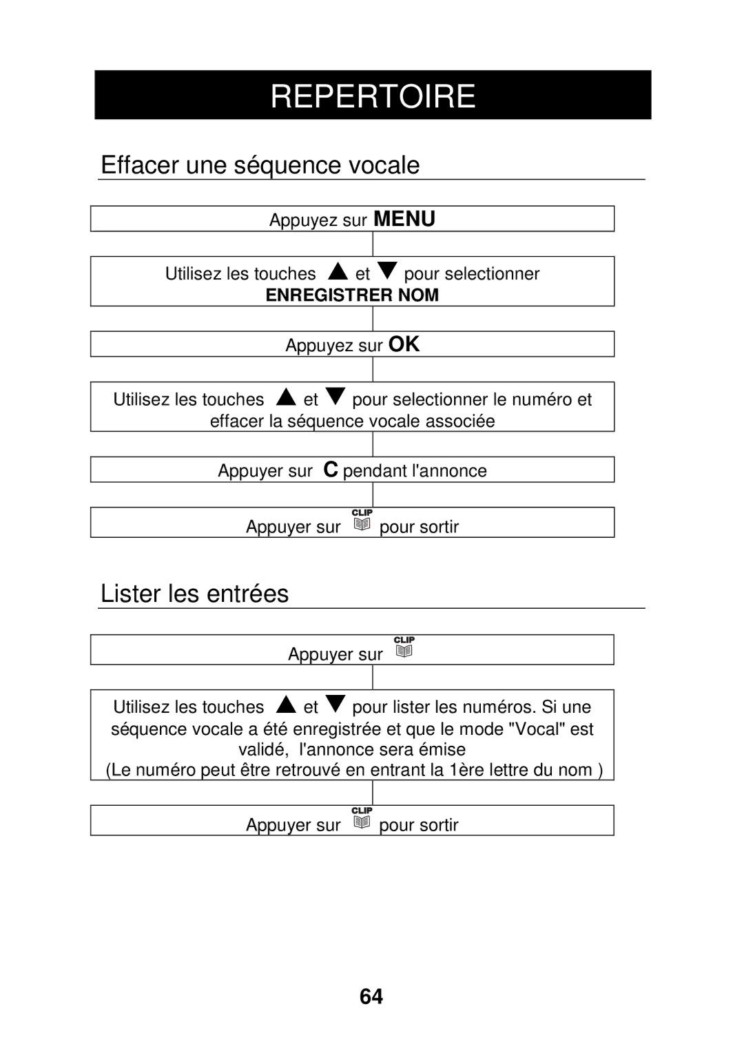 Geemarc CL320 manual Effacer une séquence vocale, Lister les entrées 