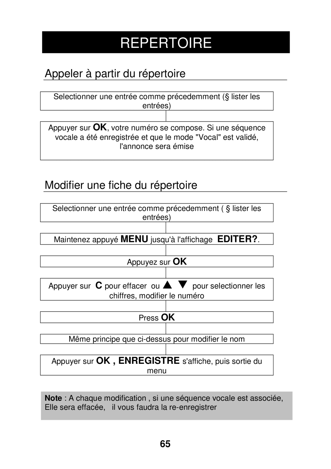 Geemarc CL320 manual Appeler à partir du répertoire, Modifier une fiche du répertoire 