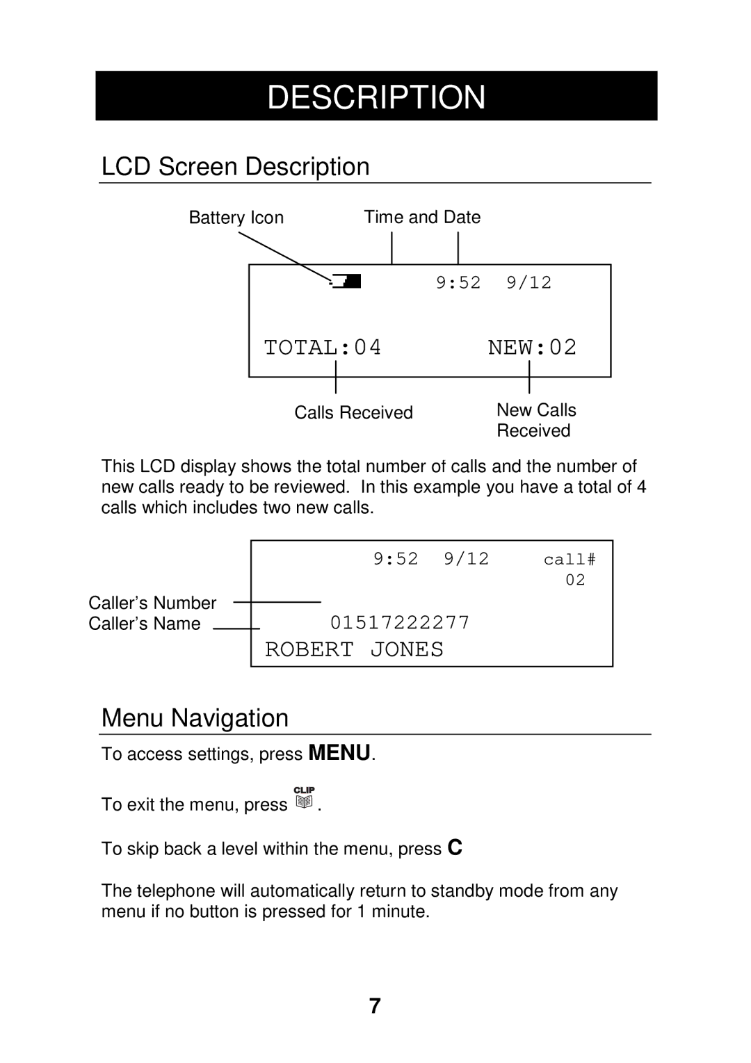 Geemarc CL320 manual LCD Screen Description, Menu Navigation 