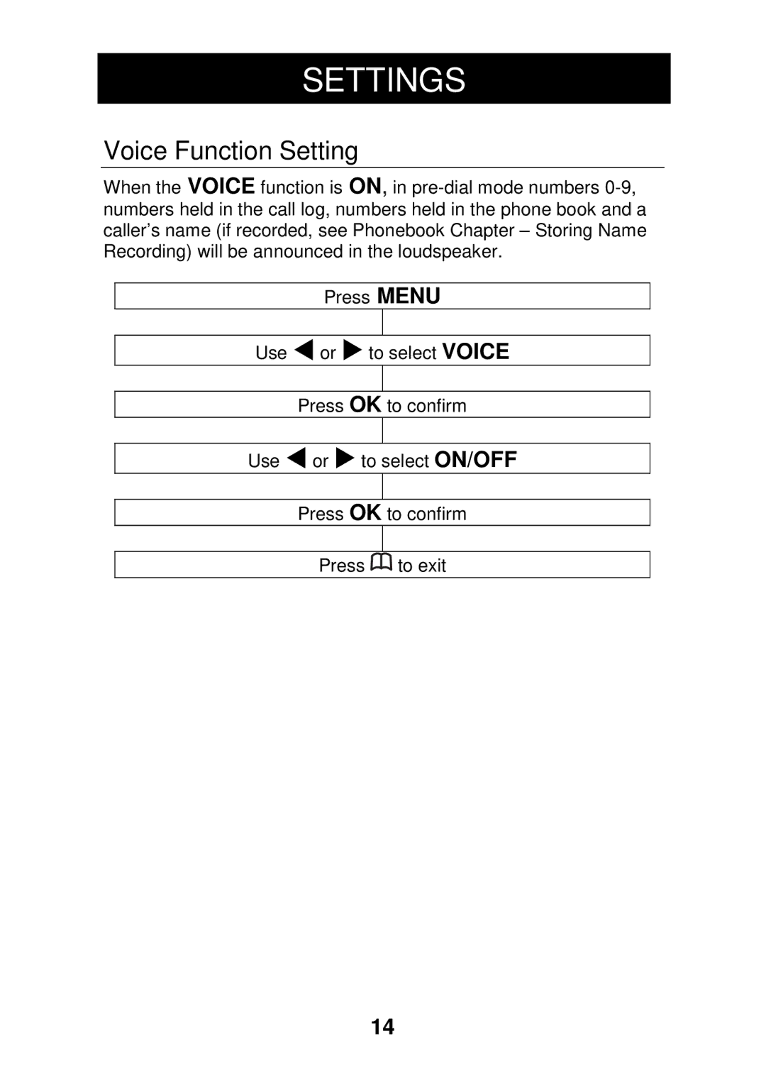 Geemarc CL330 manual Voice Function Setting 