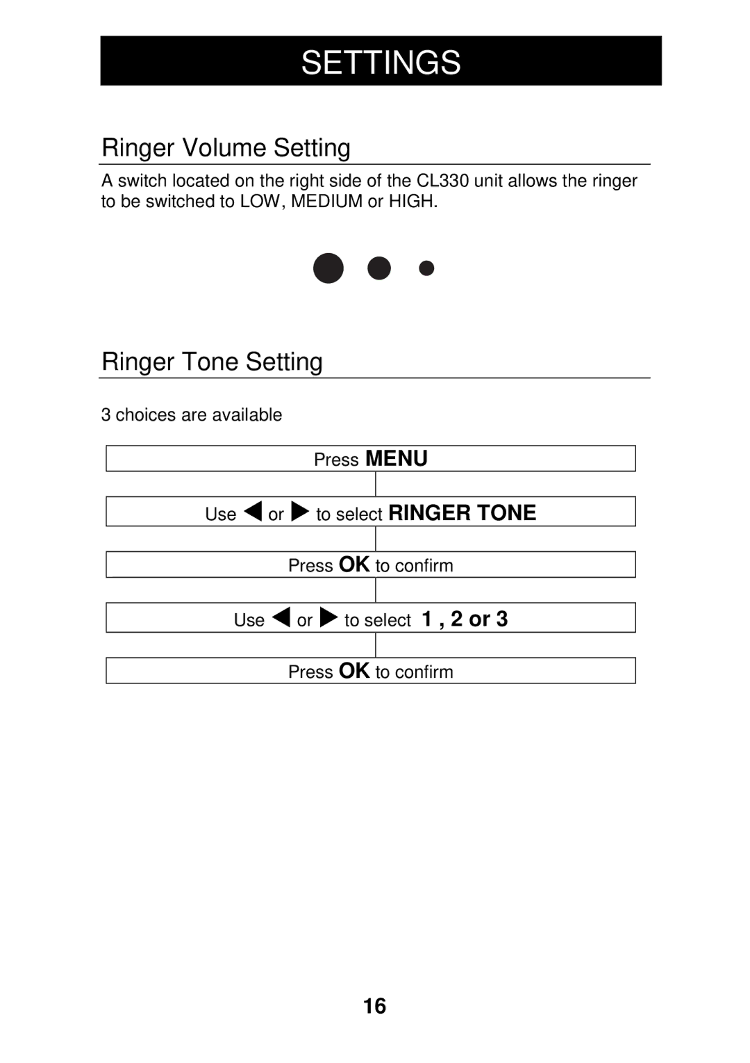 Geemarc CL330 manual Ringer Volume Setting, Ringer Tone Setting 