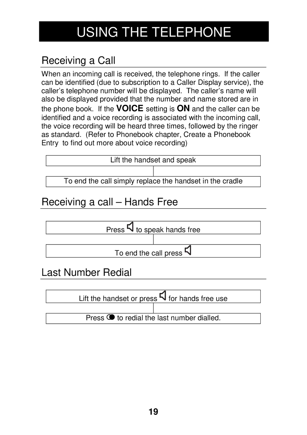 Geemarc CL330 manual Receiving a Call, Receiving a call Hands Free, Last Number Redial 
