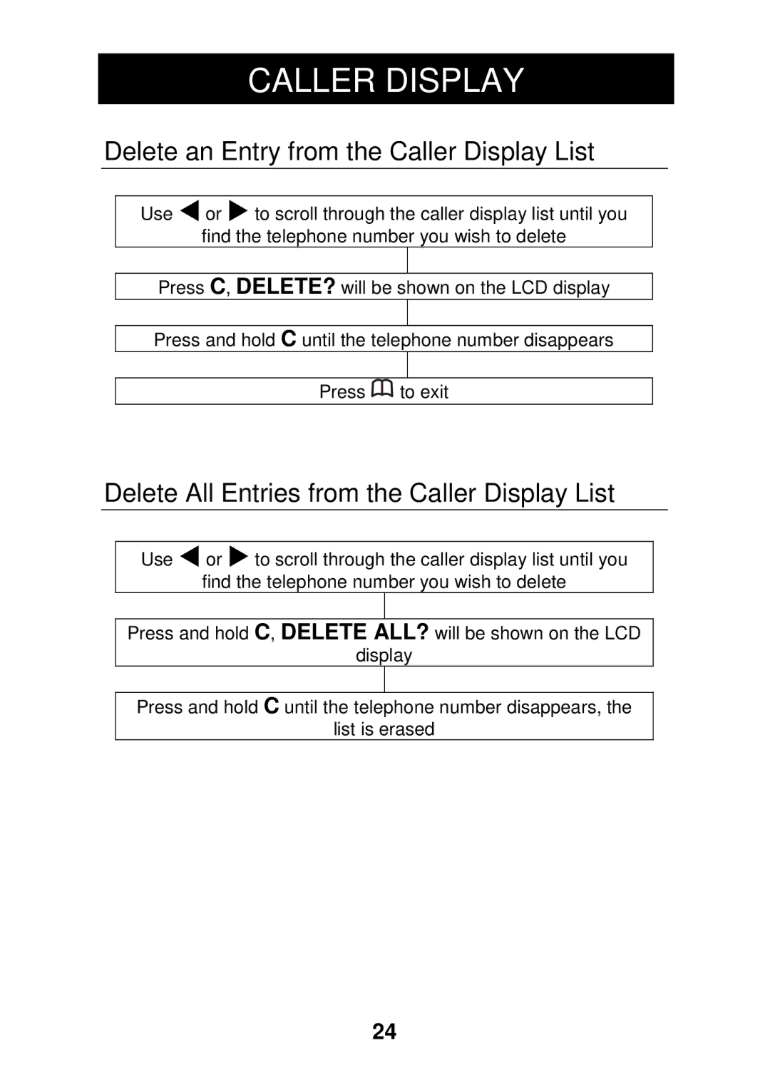 Geemarc CL330 manual Delete an Entry from the Caller Display List, Delete All Entries from the Caller Display List 