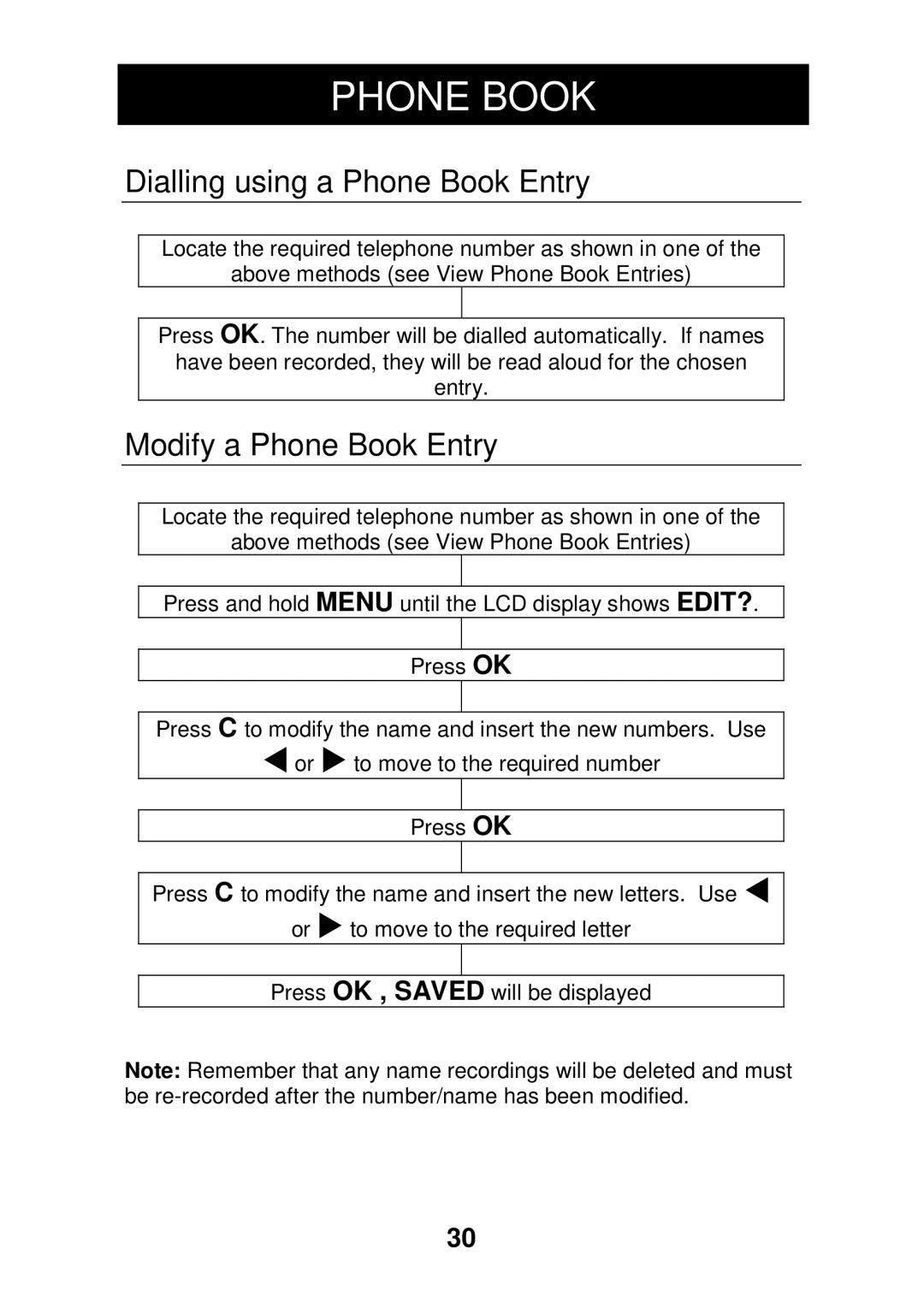 Geemarc CL330 manual Dialling using a Phone Book Entry, Modify a Phone Book Entry 