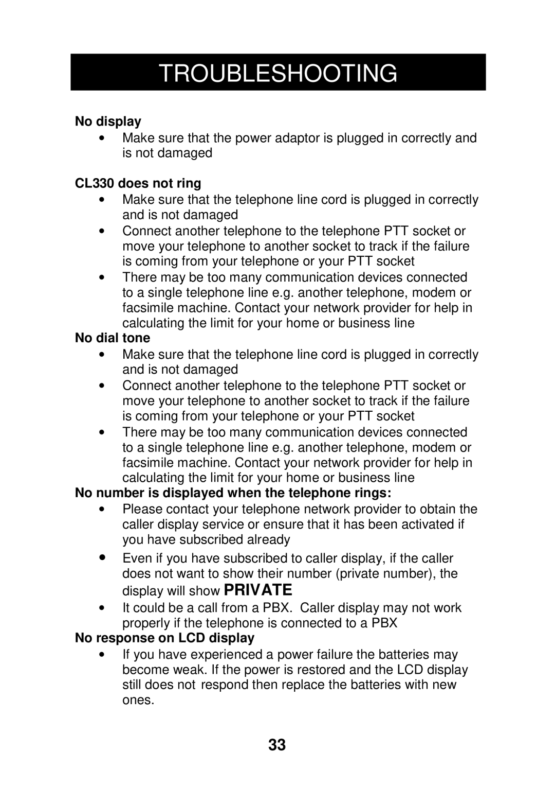 Geemarc manual Troubleshooting, CL330 does not ring 