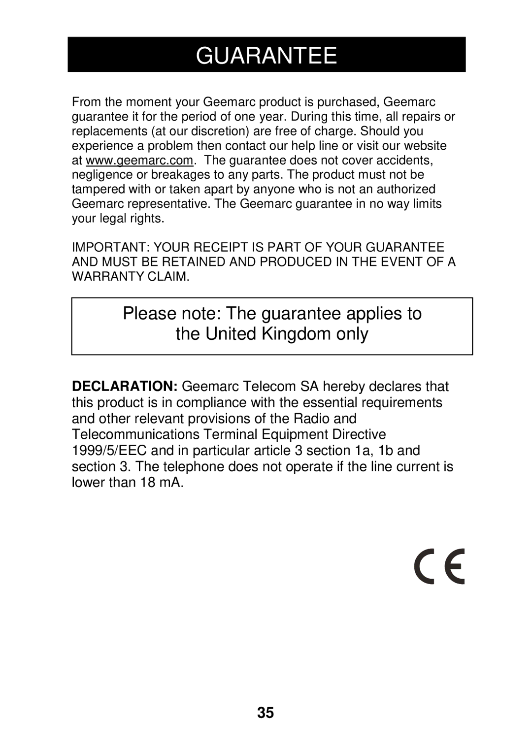 Geemarc CL330 manual Guarantee, Please note The guarantee applies to United Kingdom only 