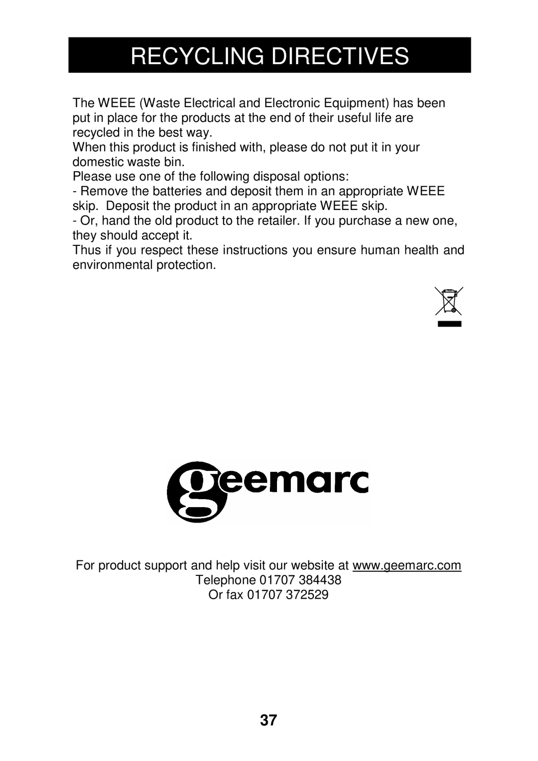 Geemarc CL330 manual Recycling Directives 