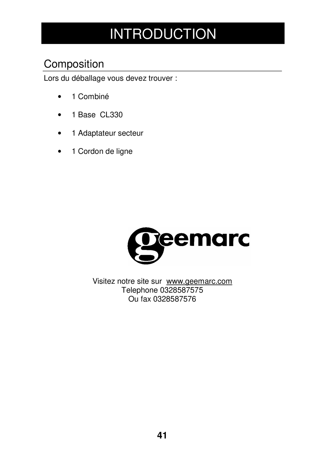 Geemarc CL330 manual Composition 