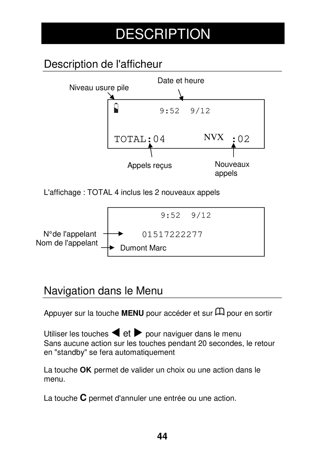 Geemarc CL330 manual Description de lafficheur, Navigation dans le Menu 