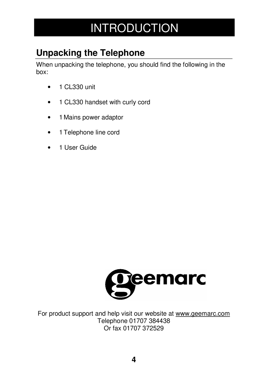 Geemarc CL330 manual Unpacking the Telephone 