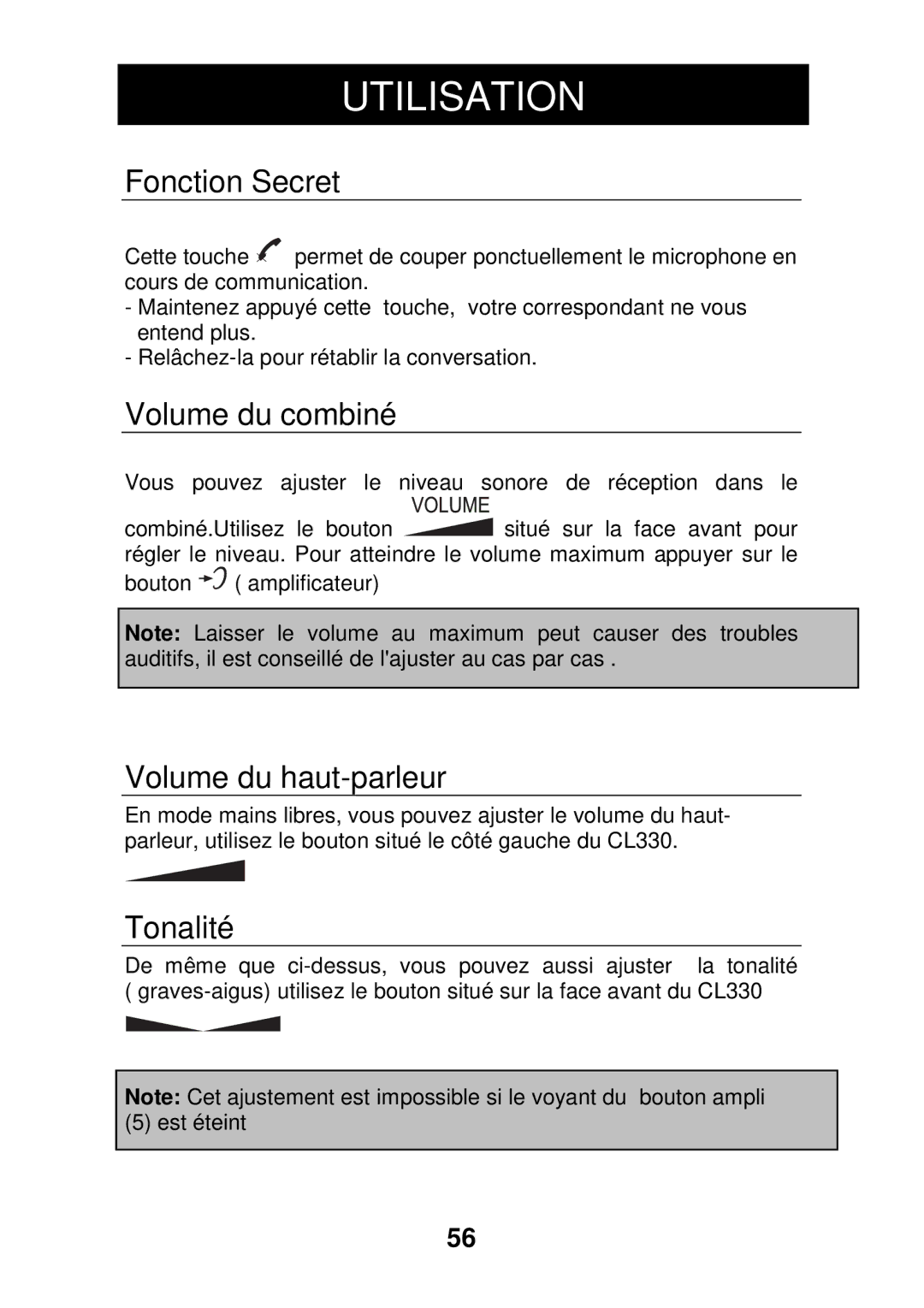 Geemarc CL330 manual Fonction Secret, Volume du combiné, Volume du haut-parleur, Tonalité 