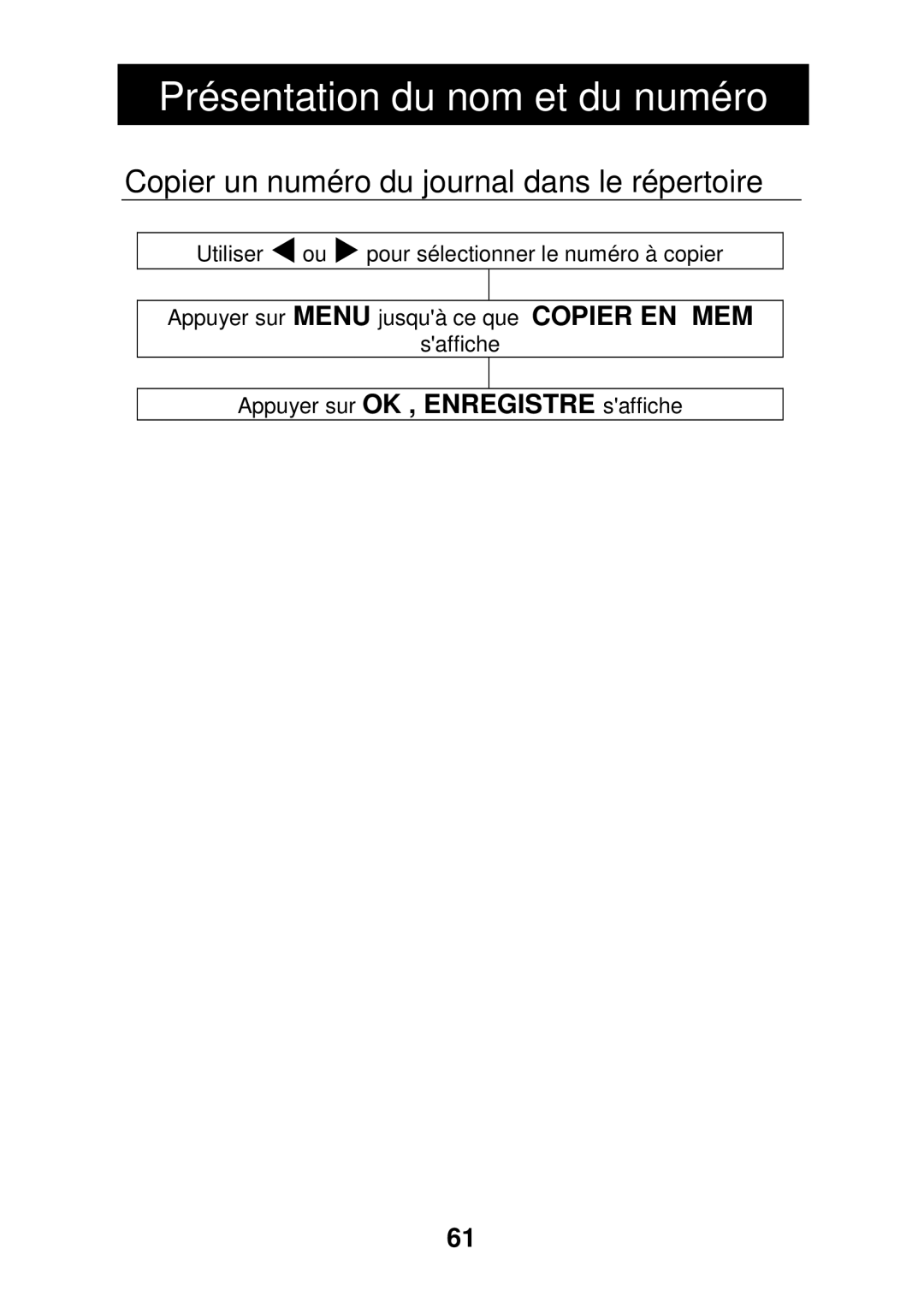 Geemarc CL330 manual Copier un numéro du journal dans le répertoire 