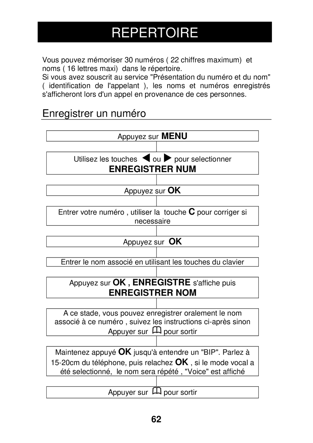 Geemarc CL330 manual Repertoire, Enregistrer un numéro 