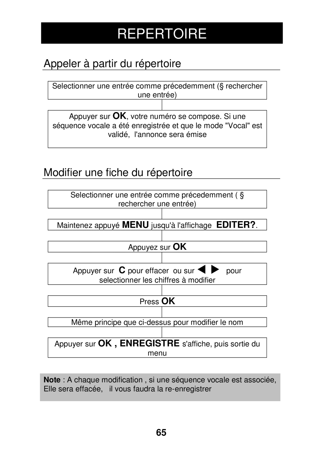 Geemarc CL330 manual Appeler à partir du répertoire, Modifier une fiche du répertoire 