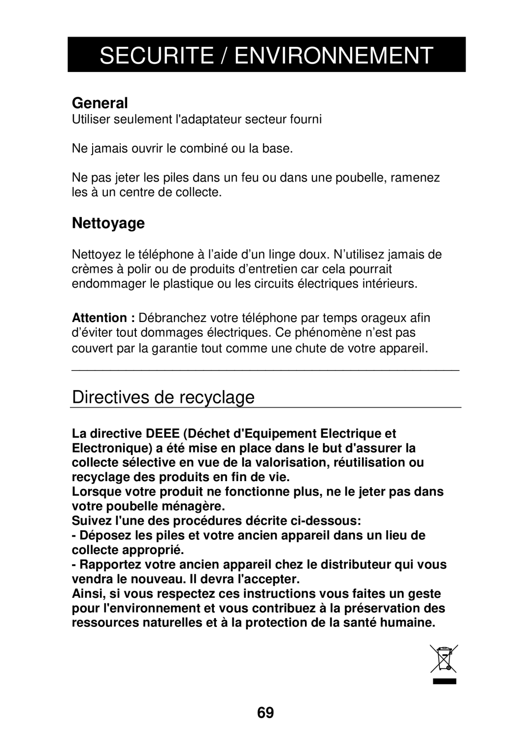 Geemarc CL330 manual Securite / Environnement, Directives de recyclage 