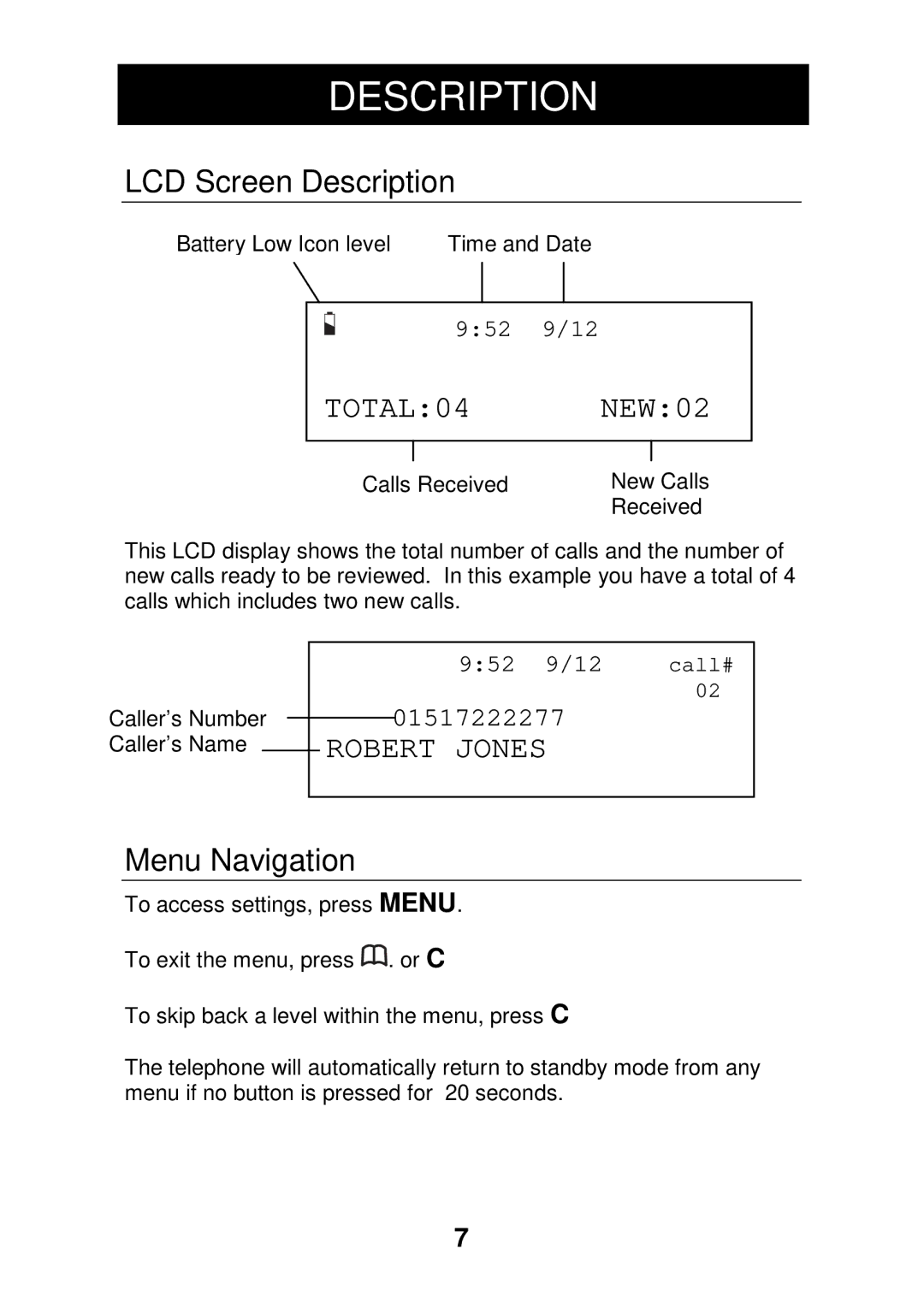 Geemarc CL330 manual LCD Screen Description, Menu Navigation 