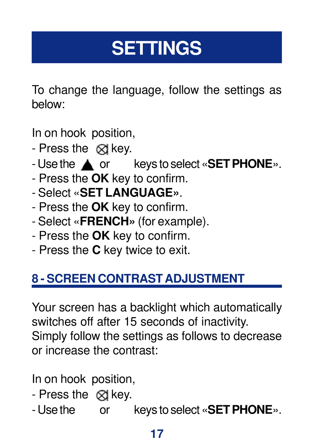 Geemarc CL400 manual Screen Contrast Adjustment 