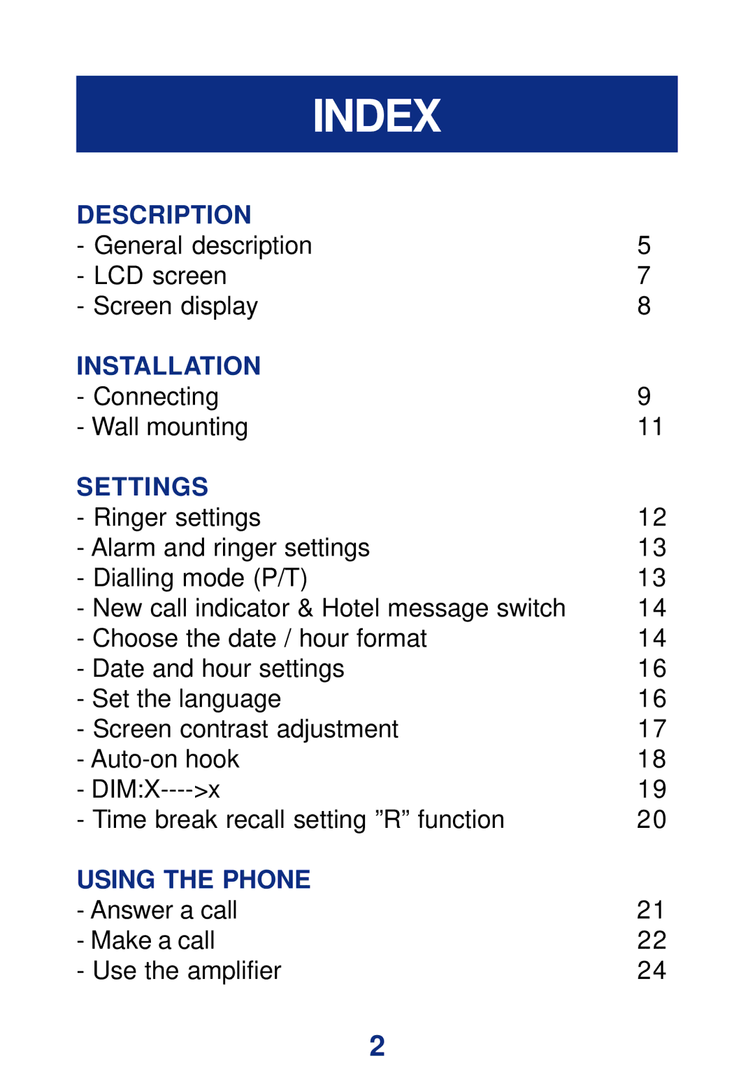 Geemarc CL400 manual Index, Settings 