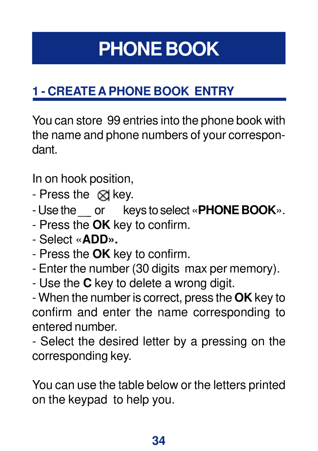 Geemarc CL400 manual Create a Phone Book Entry 