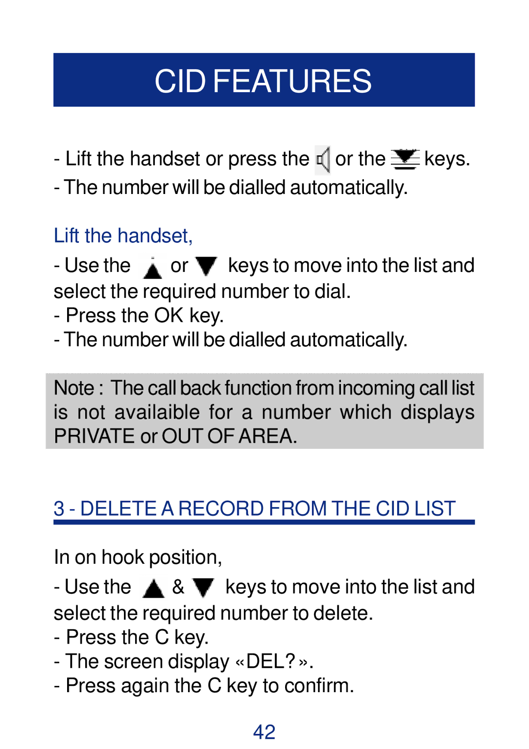 Geemarc CL400 manual Lift the handset, Delete a Record from the CID List 