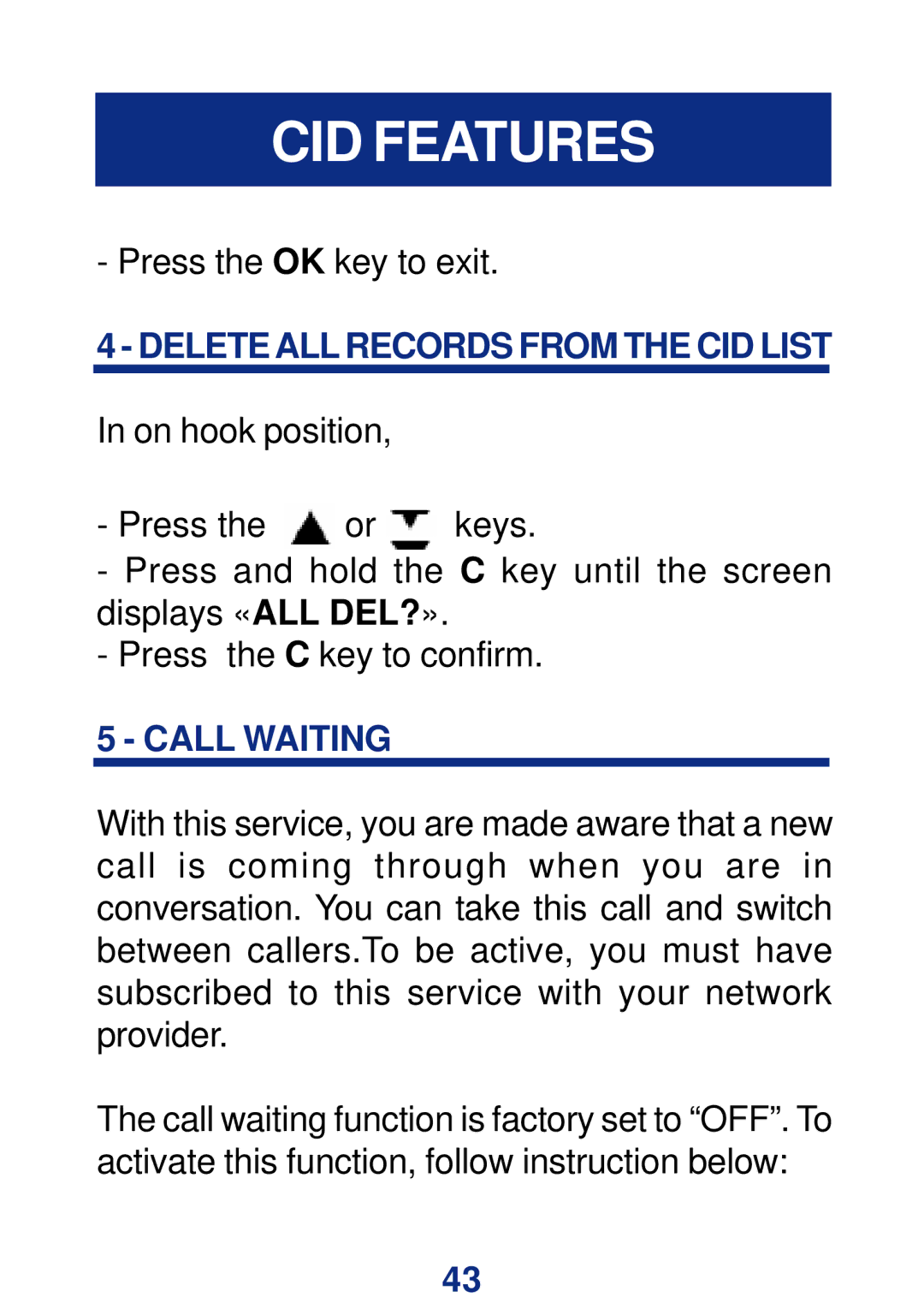 Geemarc CL400 manual Delete ALL Records from the CID List, Call Waiting 