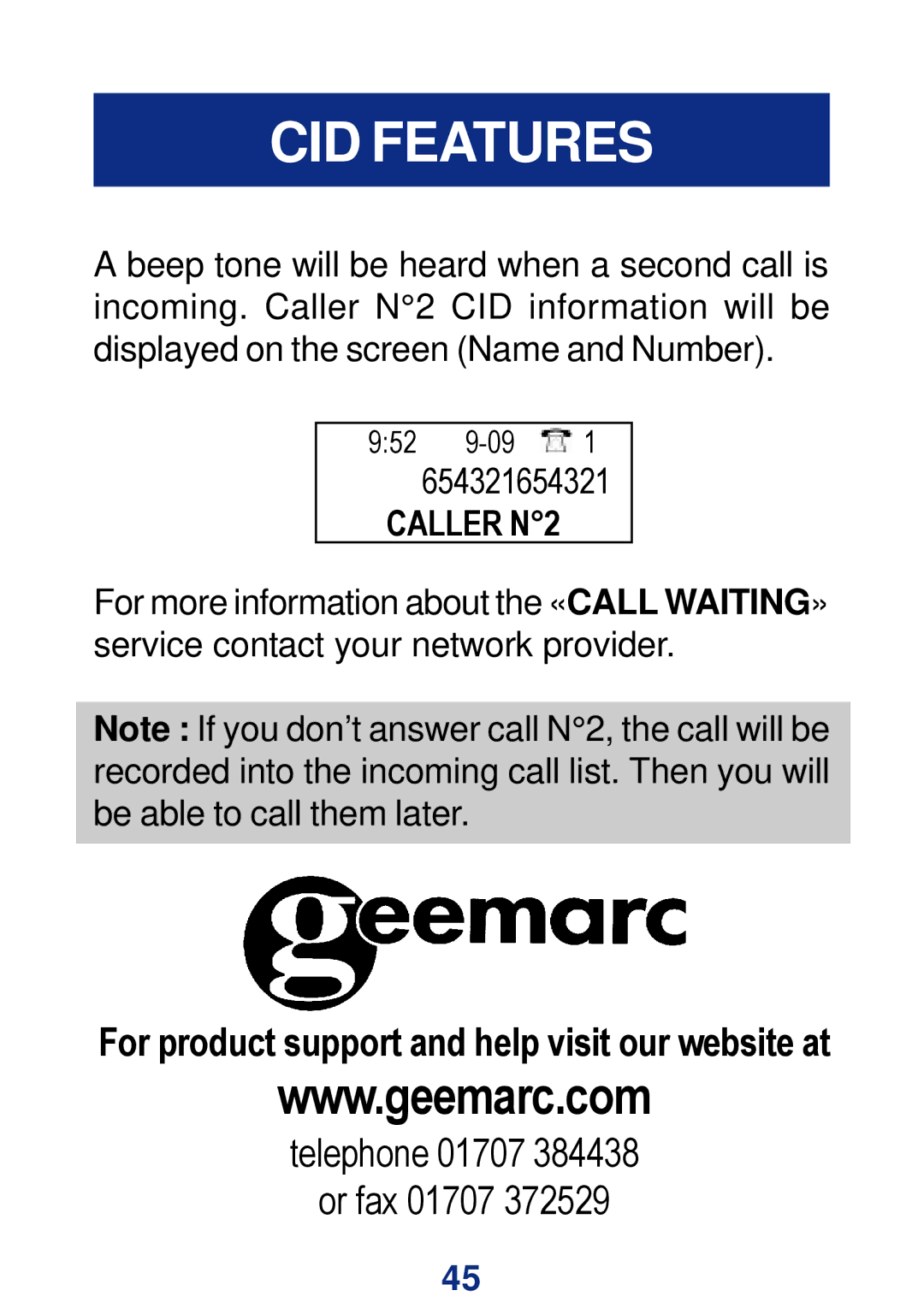 Geemarc CL400 manual Caller N2 